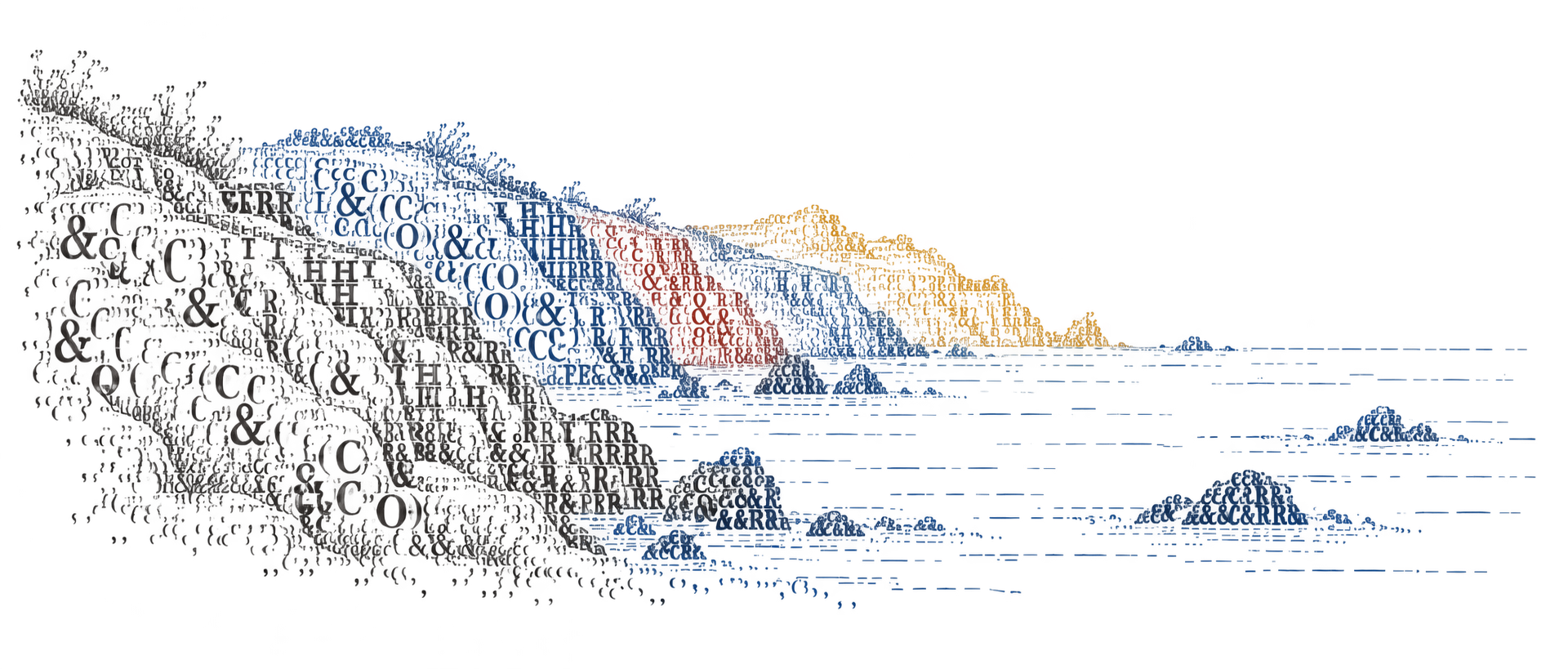 A rugged coastline made of serif letters and punctuation, with blue water and small touches of red and gold.